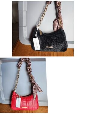 Jessica Simpson Black Faux Fur & Red Quilted Reversible Shoulder Bag